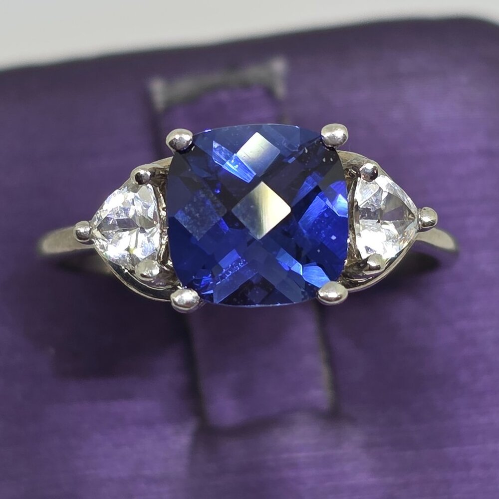 Blue Solitaire Cushion Cut Stone Trillion EMA 925 Sterling Silver Ring Size 8.75 - Picture 17 of 17